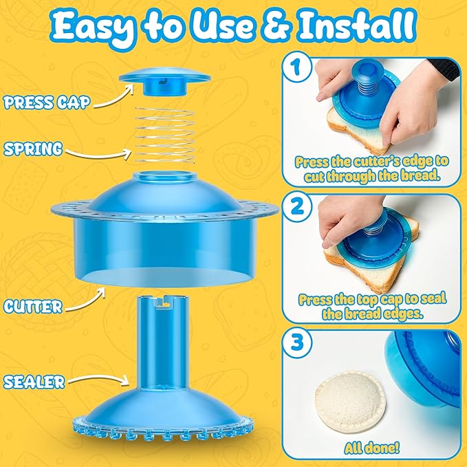 Sandwich Cutter and Sealer Cut and Seal Sandwich Maker, Crustless Peanut Butter & Jelly Sandwich Cookie Cutter (Translucent Blue Round)
