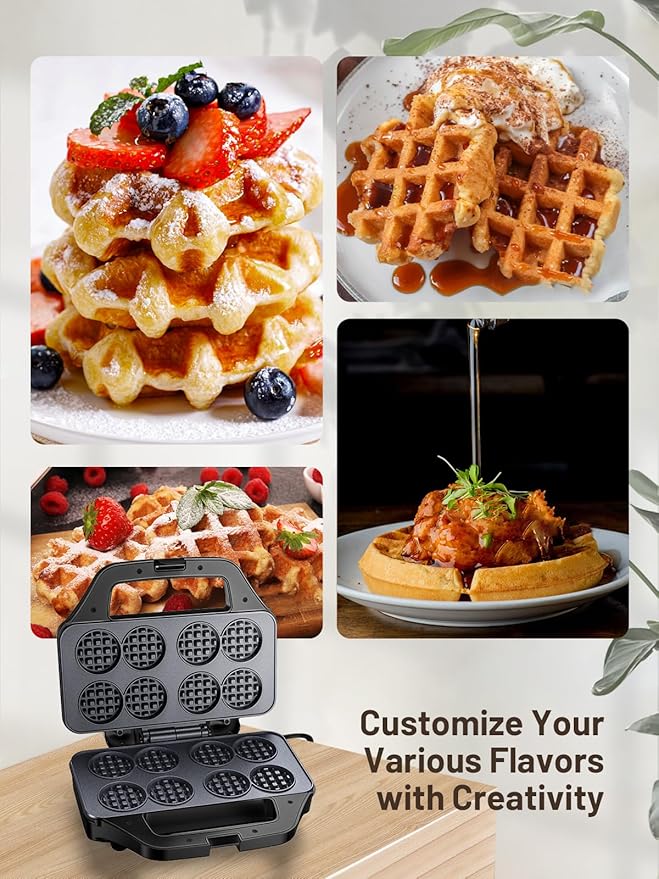 Mini Waffle Maker Machine, 8 Small Waffle Bites, Nonstick Waffle Iron with Quick Heat-Up, Easy Breakfast Makers for Home, Family, Snacks or Desserts