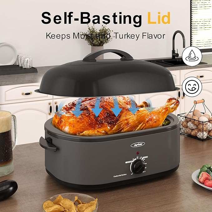 Roaster Oven, Electric Roaster Oven with Viewing Lid, Large Roaster with Removable Pan & Rack, Turkey Roaster with Unique Defrost/Warm Function, Stainless Steel, Grey, 20QT