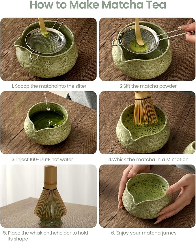 Matcha Whisk Set 7 Piece Ceramic Matcha Kit,18 oz Matcha Bowl with Bamboo Whisk & Holder, Bamboo Scoop, Scoop Rest, Sifter and Tea Towel, Complete Matcha Set for Beginners and Tea Lovers(Green)