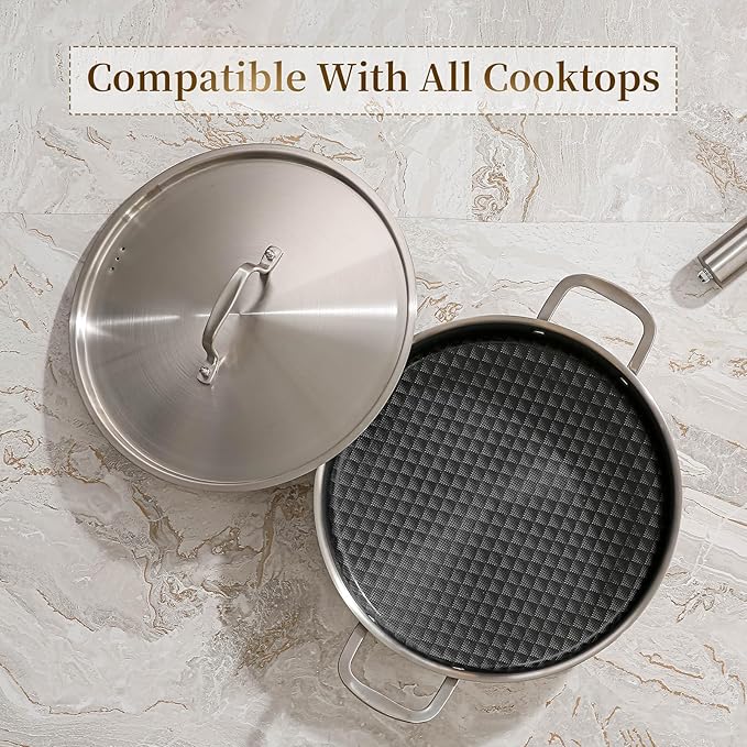 DELARLO 8Quart Tri-Ply Stainless Steel Non Stick Braiser Pan with Lid,13inch Deep Frying Pan,Large Skillet,Jumbo Cooker,Induction Compatible,Heavy Duty and Oven Safe.