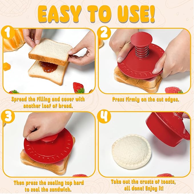 Sandwich Cutter and Sealer Round Cut and Seal Sandwich Maker, Crustless Peanut Butter & Jelly Sandwich Cookie Cutter-Red Round