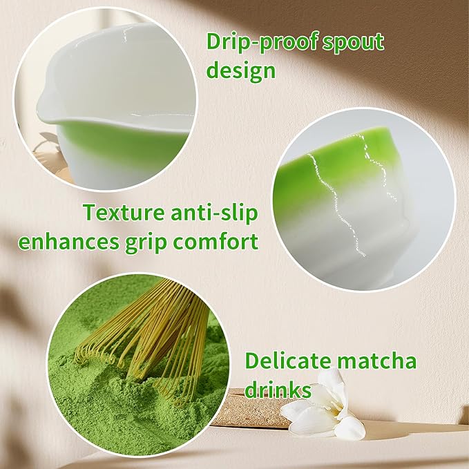 Matcha Whisk Set,7-Pcs Matcha Making Kit with Matcha Bowl,Whisk,Chasen Holder, Sifter, Tea Towel,Measuring Spoon,Bamboo Scoop,Ceremony Matcha Set Lovers Gift (Green)