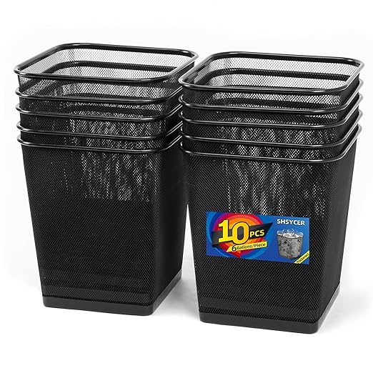 10-Pack Black Square Metal Trash Cans 6 Gallon,Mesh Office Trash Cans, Metal Wire Wastebaskets, Waste Basket Trash Can, Small Trash Can, Garbage Bin for Office, Home,School