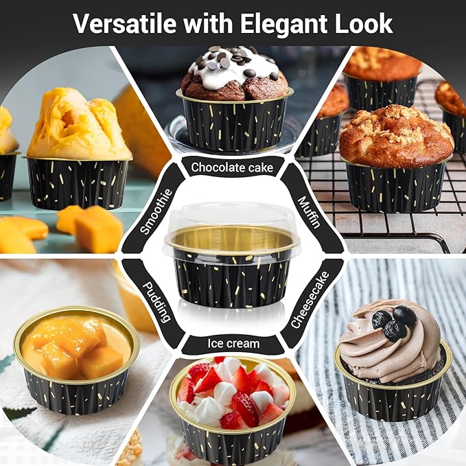 EUSOAR Aluminum Foil Baking Ramekins, 100pcs 5oz 125ml Muffin Liners with Lids, Silver, Both Disposable and Reusable, Perfect for Parties, Holidays, Celebrations