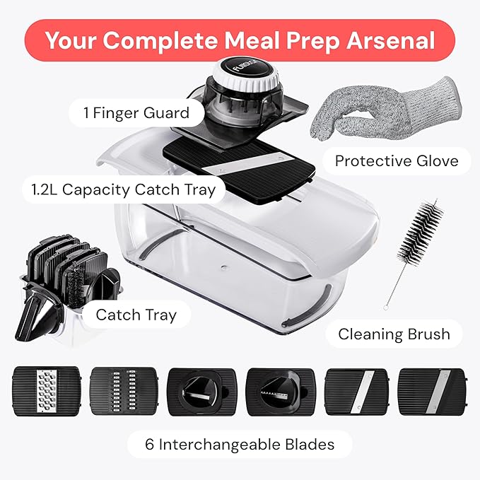 Fullstar Mandoline Slicer for Kitchen, Fruit Cutter, Cheese Grater, Cucumber Slicer, Veggie Spiralizer, Food Cutter & Kitchen Gadgets with Safety Glove (6 in 1, White)