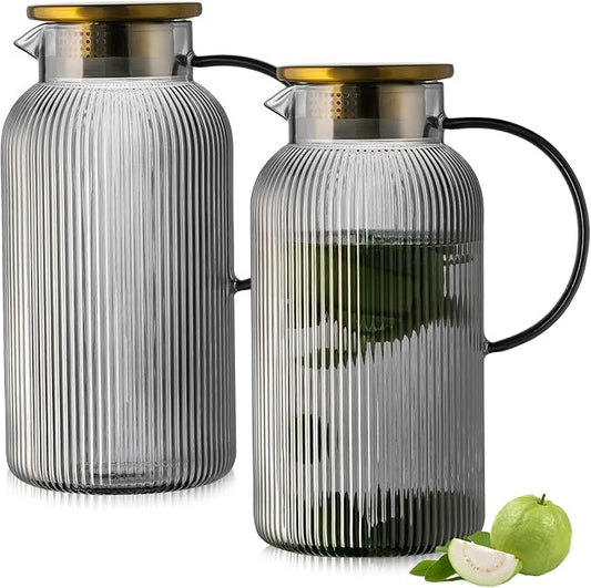 2 PACK Glass Pitcher with Lid, 68 oz/ 2 Liter Gray Classic Vertical Stripes Water Pitcher,Glass Water Carafe for Cold Brew, Coffee, Lemonade, Iced Tea,Beverage, Heat Resistant Water Glass Jug