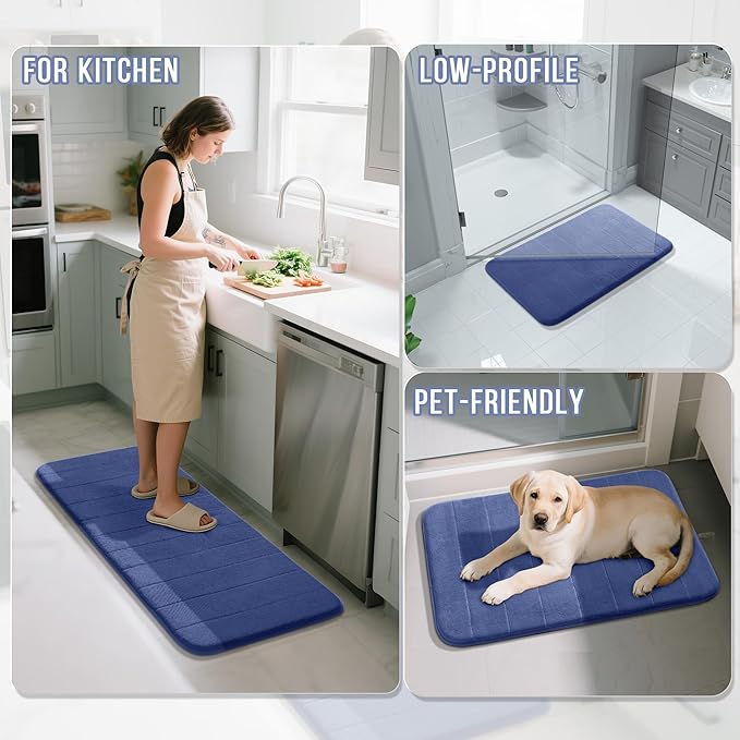 Yimobra Memory Foam Bath Mat, Super Soft Absorbent Bathroom Rug Non Slip 24x17 Inch, Quick Dry, Machine Washable Floor Carpet for Tub Shower, Home Decor Accessories, Navy Blue