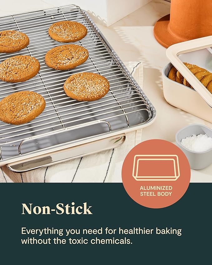 Caraway Nonstick Ceramic Bakeware Set (11 Pieces) - Baking Sheets, Assorted Baking Pans, Cooling Rack, & Storage - Aluminized Steel Body - Non Toxic, PTFE & PFOA Free - White