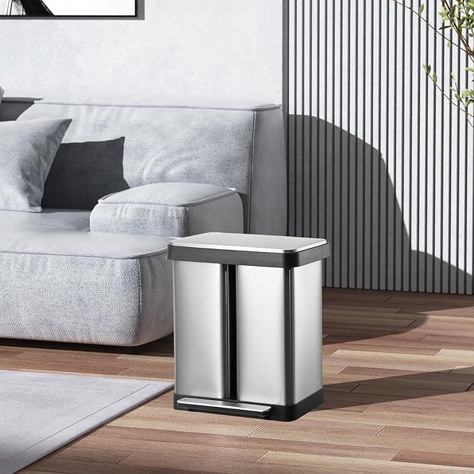 Garvee 19 gal Dual Compartment Trash Can, Stainless Steel Kitchen Garbage Can, 2 x 36 L Two Compartment Trash Bin with Soft-Close Lid and Foot Pedal for Kitchen Home Office