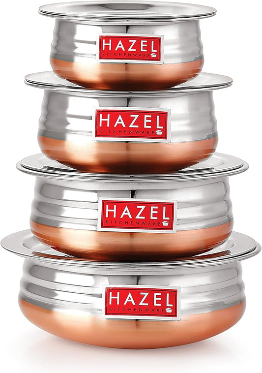 HAZEL Stainless Steel Copper Bottom Handi Set with Lids | Traditional Indian Cookware & Serveware | Set of 4 (0.8, 1.3, 1.7, 2.1 Quarts) | Durable Pots for Curry, Biryani & More