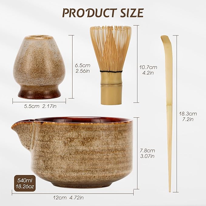 Matcha Tea Set 4 Pcs, JapaneseTraditional Ceramic Bowl, Bamboo Whisk (Chasen), Scoop (Chashaku), Holder (brown)