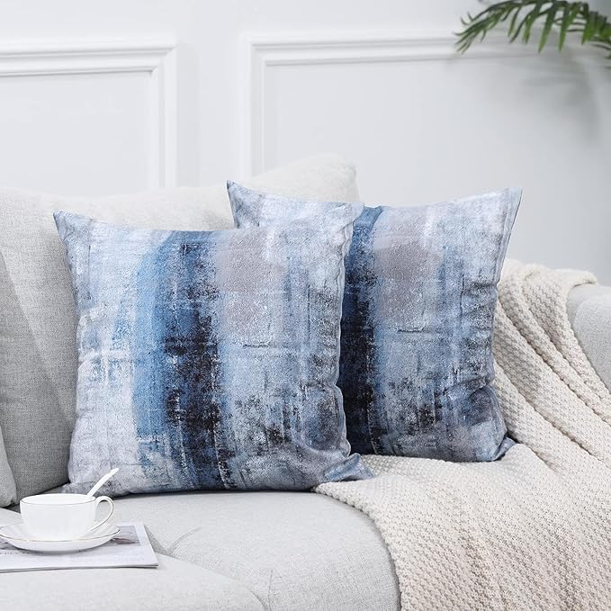 Blue and Grey Throw Pillow Cover Pack of 2, Abstract Art Gallery Modern Decorative Cushion Cover for Bedroom Sofa Living Room(16 x 16 Inch,Blue and Grey)