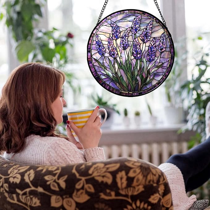 Stained Glass Window Hanging - Purple Flowers Suncatcher for Door Terrace Garden Home Decor Lavender Plant Floral Sun Catcher Birthday Gifts for Lovers Women Men Dad Mom Nana 7.8 in