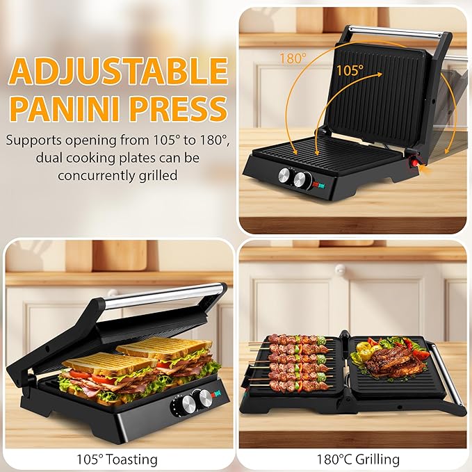 SUSTEAS Panini Press Sandwich Maker and Electric Indoor Grill with Temperature Time Setting, Easy Clean Nonstick Grids, Opens 180°/105° to Fit Any Type or Size of Food, 1400W, BBQ, Black