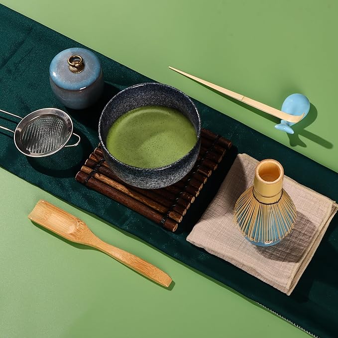Matcha Tea Set 9 Pcs, Japanese Traditional Bowl, Bamboo Whisk (Chasen), Scoop (Chashaku), Spoon, Stainless Steel Sifter, Holder, Ceramic Powder Caddy
