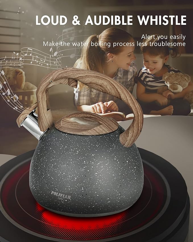 POLIVIAR Tea Kettle, 2.7 Quart Natural Stone Finish with Wood Pattern Handle Loud Whistle Food Grade Stainless Steel Teapot, Anti-Hot Handle and Anti-Rust, Suitable for All Heat Sources (JX2018-GR20)