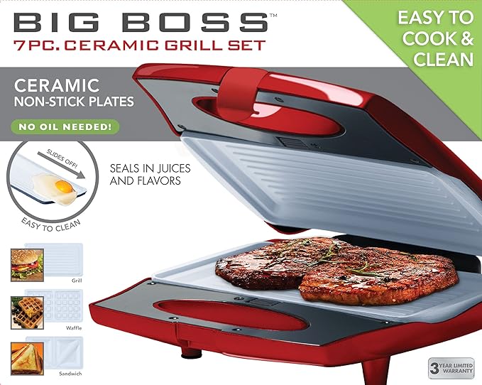 Big Boss 9287 Red 7-Piece Ceramic Grill Set with 3-Interchangeable Non-Stick Cooking Plates, Grill, Waffle and Sandwich
