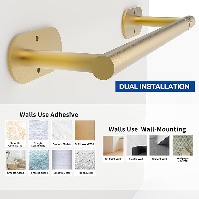 Ruacq Brushed Gold Paper Towel Holder Double Post Pivoting Round Base Under Cabinet Paper Towel Holder for Kitchen Self-Adhesive or Drill mounting