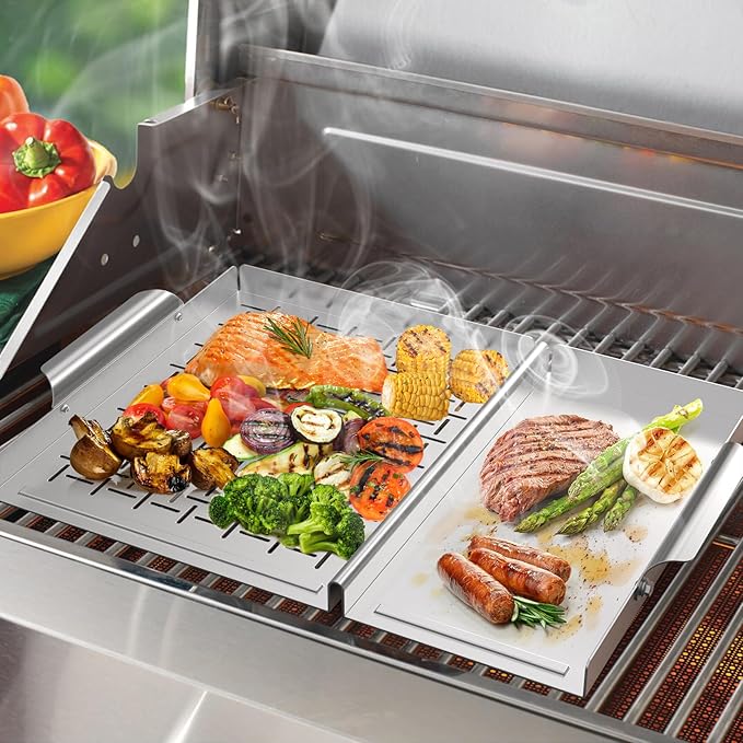 Onlyfire BBQ Grill Tray, Stainless Steel Grill Topper Grill Pan with Holes and Handle for Grilling Veggies, Meat & Seafood, Outdoor Flat Top Grilling Basket for Any Grills