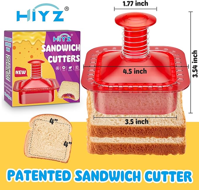 Sandwich Cutter and Sealer Cut and Seal Sandwich Maker, Crustless Peanut Butter & Jelly Sandwich Cookie Cutter (Translucent Red Square)