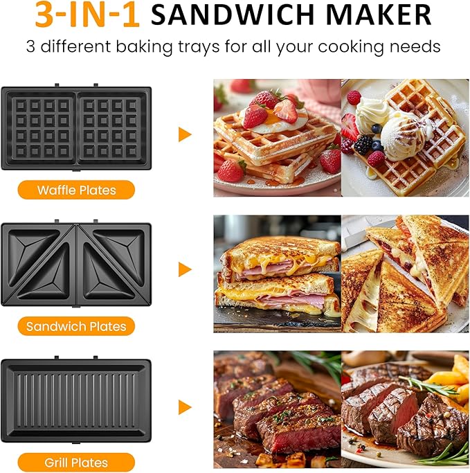 Sunvivi 3 in 1 Electric Sandwich Maker: Panini Press Grill and Waffle Iron Set, Grill and Sandwich Press with Removable Non-Stick Plates, Indicator Lights & Cool Touch Handle, 800W, Silver 1