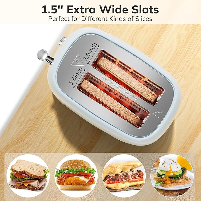 Retro 2 Slice Stainless Steel Toaster with 6 Bread Shade Settings, Bagel, Cancel, Defrost Function, Extra Wide Slot, Removable Crumb Tray, Blue