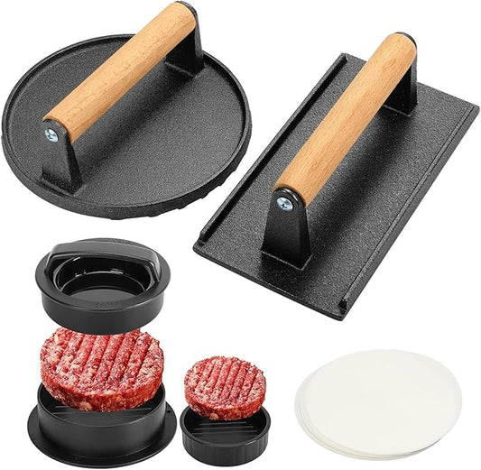 Fervidus 3PCS Smash Burger Press Kit, 6.8" Round & 8.3"x4.1" Rectangular Cast Iron Grill Press, 3 in 1 Stuffed Burger Mold, Non Stick Smash Burger Press Set for Grill and Griddle Cooking