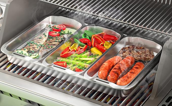 Grill Basket Set, 6-Piece Stainless Steel Large Grill Pans, 16.5" x 11" Pan, Outdoor Grill with Cooling Rack for Vegetables, Fish, Meat, Great Grilling Gifts for Men