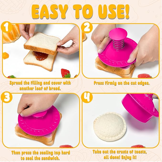 Sandwich Cutter and Sealer Round Cut and Seal Sandwich Maker, Crustless Peanut Butter & Jelly Sandwich Cookie Cutter-Pink Round