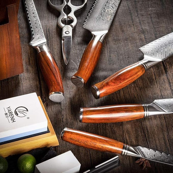 YARENH Kitchen Knife Set with Block, 8 Piece, Sharp Professional Chef Knife, 73 Layers Damascus High Carbon Stainless Steel, Full Tang Sandalwood Handle, Gift Box