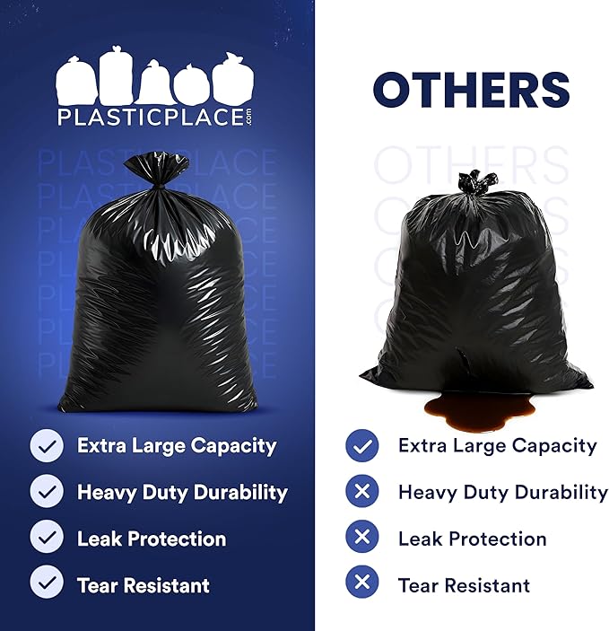 Plasticplace Trash Bags │ 1.5 Mil │ Black Heavy Duty Garbage Can Liners │ 50” x 48”, (100 Count)