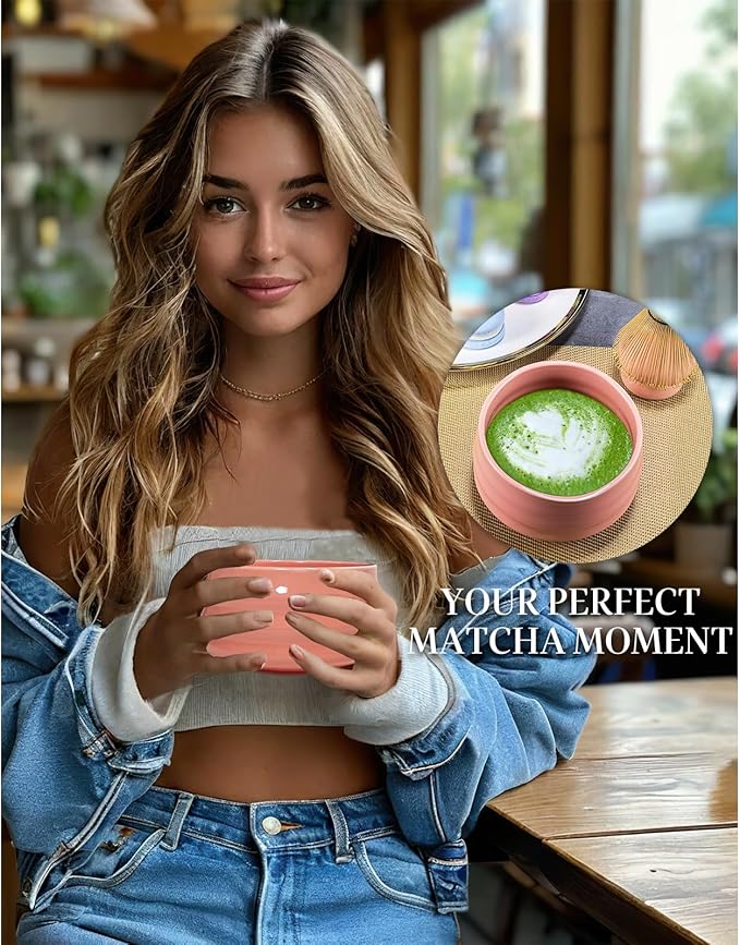 Sisher Matcha Whisk Set Pink,Matcha Set With Bowl Ceramic Pink Matcha Bowl,Matcha Whisk and Holder, Bamboo Scoop, Scoop Rest and Sifter Japanese Matcha Kit for Matcha Lovers 5pcs