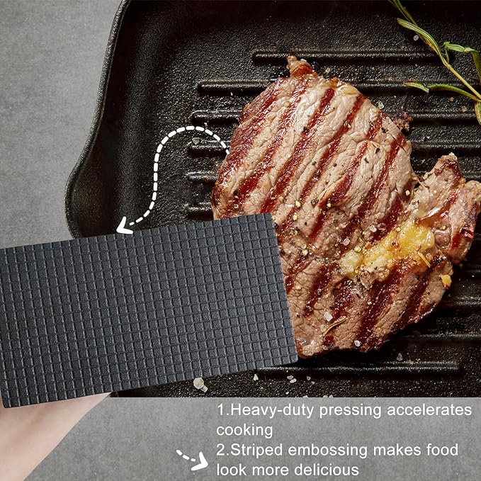 HTB Heavy-Duty Cast Iron Barbecue Press, Wood Handle Meat Steak Smash for Juicy Crispy Burgers on BBQ, Griddle, Camping Rectangle (Checked Pattern 088S)