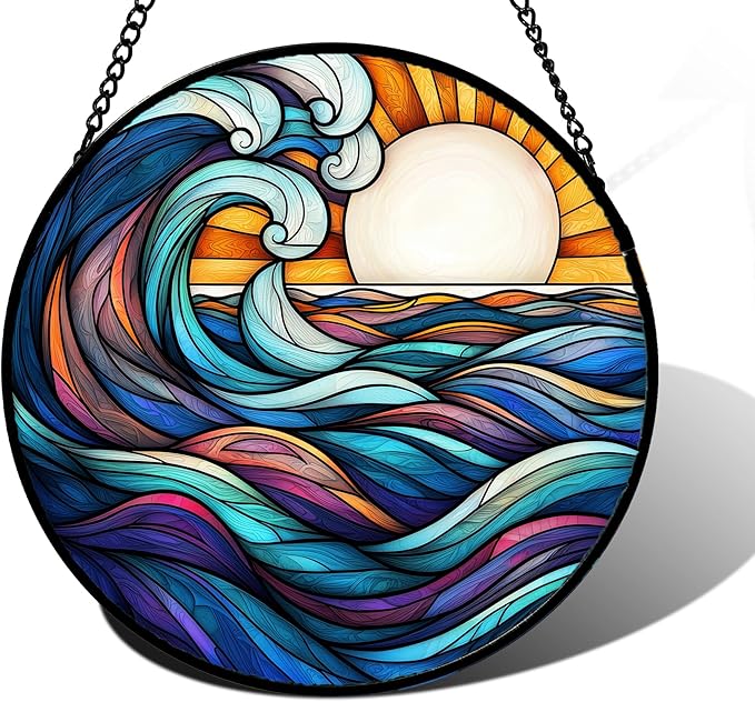 Stained Glass Window Hanging, Big Wave Sun Suncatcher Diamond Glass Panel Hangings Abstract Sun Catchers Decor for Birthday for Women, Men, Wife, Aunt, and Mom 11.8x11.8 in