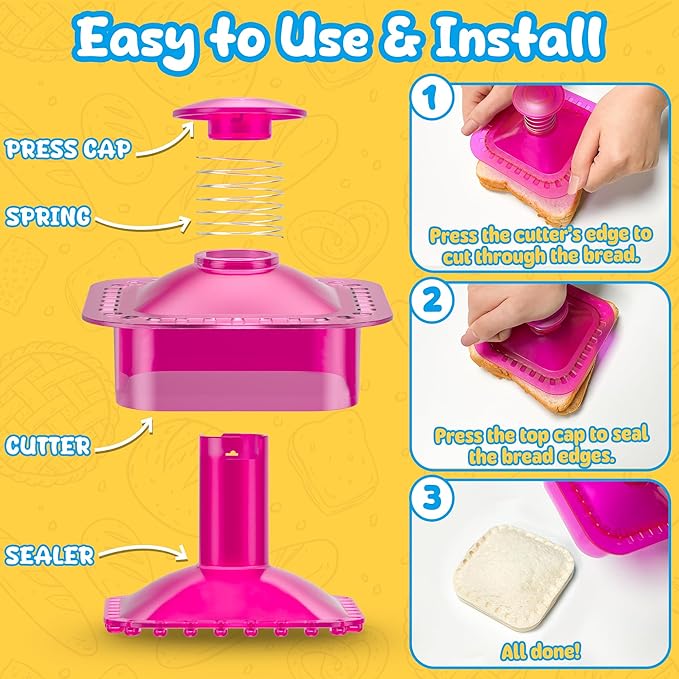 Sandwich Cutter and Sealer Cut and Seal Sandwich Maker, Crustless Peanut Butter & Jelly Sandwich Cookie Cutter (Translucent Pink Square)