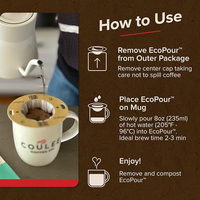 Coulée EcoPour B.I.O.N. Coffee, All Paper Single Serve Pour Over Decaffeinated Coffee, for Camping or Traveling, Pre Filled Compostable Filters, Ready to Brew with Hot Water, Plastic Free, 10 Pack