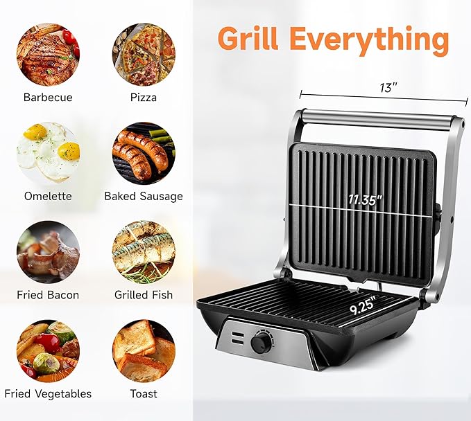 SUSTEAS Panini Press Sandwich Maker and Electric Indoor Grill with Temperature Setting and Grease Tray, Easy Clean Nonstick Grids, Opens 180° to Fit Any Type or Size of Food, 1500W, BBQ, Black