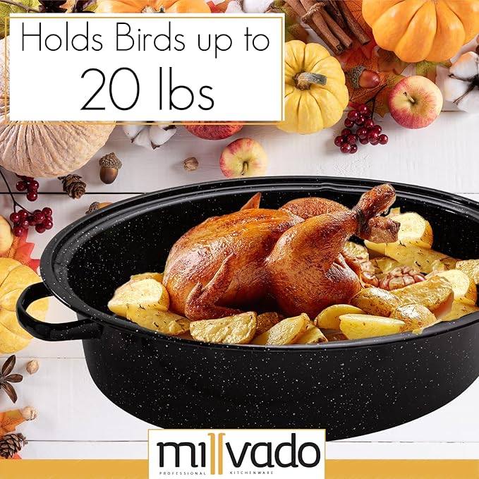 Roasting Pan With Lid, Thanksgiving Turkey Roaster Pan, Extra Large 20 lb Capacity, 19" Granite Oven Roaster Oval Shaped Speckled Enamel on Steel Cookware