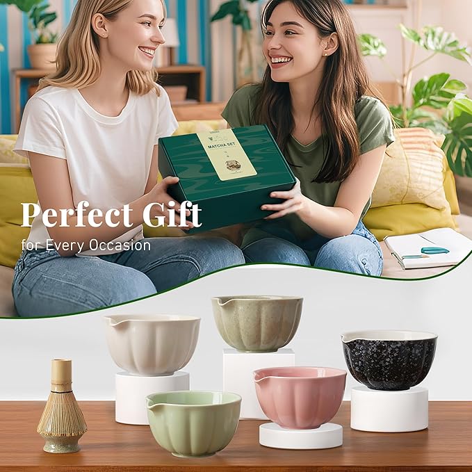 Matcha Whisk Set,7 PCS Ceramic Matcha Kit Includes Matcha Bowl with Spout, Matcha Whisk and Holder, Bamboo Scoop, Stainless Sifter, Tea Towel, Unique Gift for Matcha Lovers (Charcoal gray)