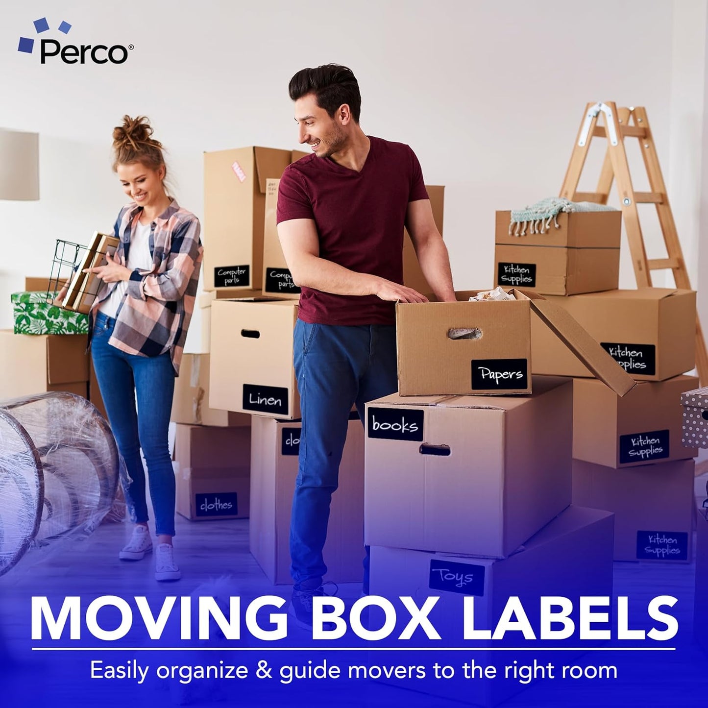 Perco Black Labels 3x5 Inch 500 Stickers/Roll with Easy Peel Perforation and Strong Adhesion for Inventory Management, Color Coding, Moving Boxes, Retail, Organizing & Crafts – Made in USA