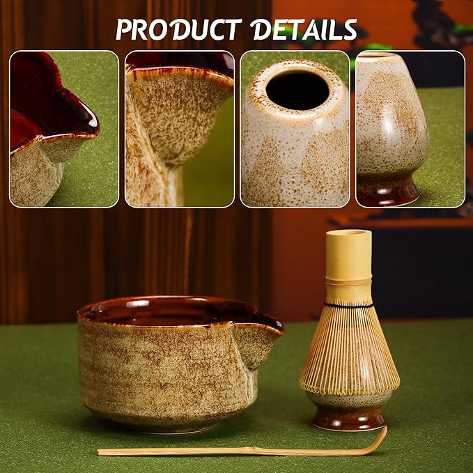 Matcha Tea Set 4 Pcs, JapaneseTraditional Ceramic Bowl, Bamboo Whisk (Chasen), Scoop (Chashaku), Holder (brown)