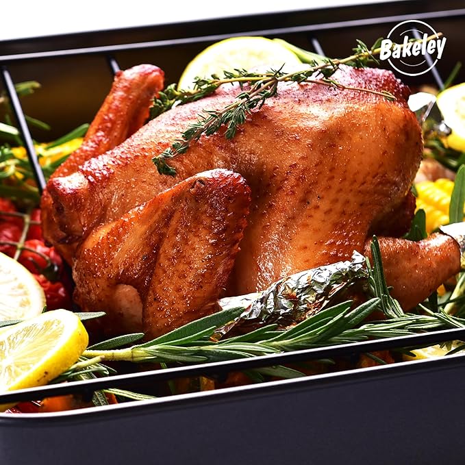 Roasting Pan, Nonstick Roaster Pan with Rack, Turkey Roasting Pan with V Rack, 17 Inch x 13 Inch, Black