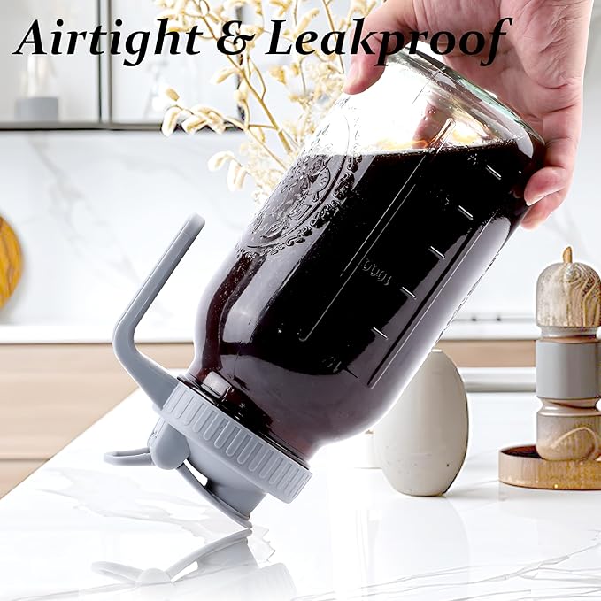 Cold Brew Coffee Maker 64 Oz Mason Jar Cold Brew Pitcher With Strainer 2 Set Half Gallon Wide Mouth Glass Iced Coffee Maker With Spout Lids 2 Quart Glass Pitcher For Fridge, Lemonade, Cold Brew