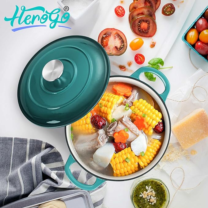 Herogo Enameled Cast Iron Dutch Oven with Lid, 3QT Heavy Duty Round Dutch Oven Pot with Dual Handles for Bread Baking Stewing Roasting, Nonstick & Easy Cleanup, Safe for Various Stovetops - Green