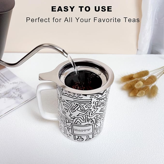 Doodle Style Tea Cup with Infuser and Lid, 14oz Tea Infuser Cup Loose Leaf Tea Mug with Strainer, Porcelain Tea Infuser Mug, Steeping Tea Cups for Microwave and Dishwasher Safe, Happy White