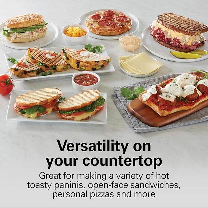 Hamilton Beach Panini Press Sandwich Maker & Electric Indoor Grill with Locking Lid, Opens Wide to Fit Any Thickness for Quesadillas, Burgers & More, Nonstick 8" x 10" Grids, Chrome (25460AG)