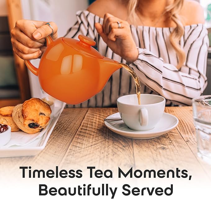 OmniWare 14 Oz Stoneware Teapot with Stainless Steel Mesh Infuser (Orange) - Microwave & Dishwasher Safe, Removable Infuser, Retro-Style Kitchenware Ideal for Loose Tea Brewing
