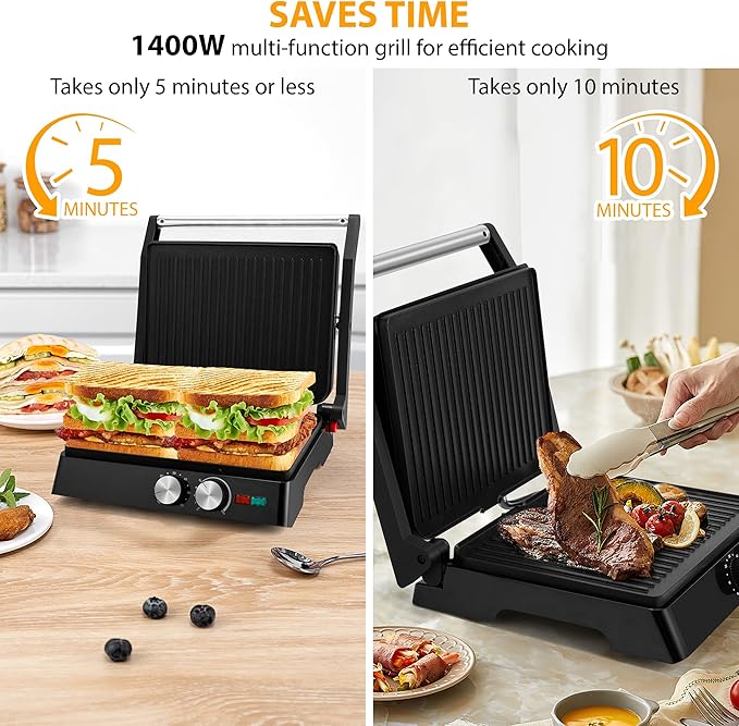 SUSTEAS Panini Press Sandwich Maker and Electric Indoor Grill with Temperature Time Setting, Easy Clean Nonstick Grids, Opens 180°/105° to Fit Any Type or Size of Food, 1400W, BBQ, Black