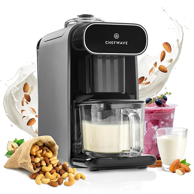 ChefWave Milkmade Non-Dairy Milk Maker (Silver/Black) – 6 Program, Auto-Clean Nut Milk Machine with Nut Platter (Almonds, Cashews, Walnuts, Hazelnuts) (2 Items)